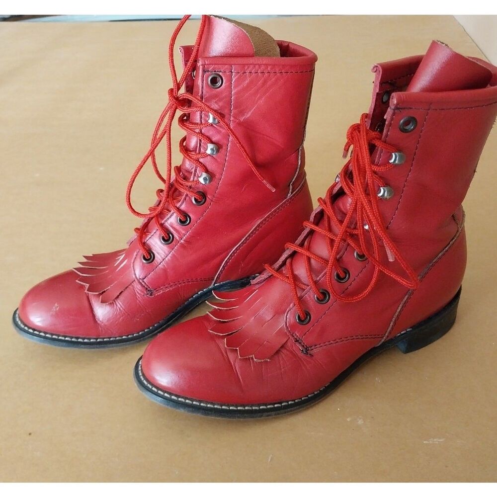 Rodeo Drive 6M Women's Red Leather Fringe Kiltie Cowgirl Boots - Picture 1 of 6
